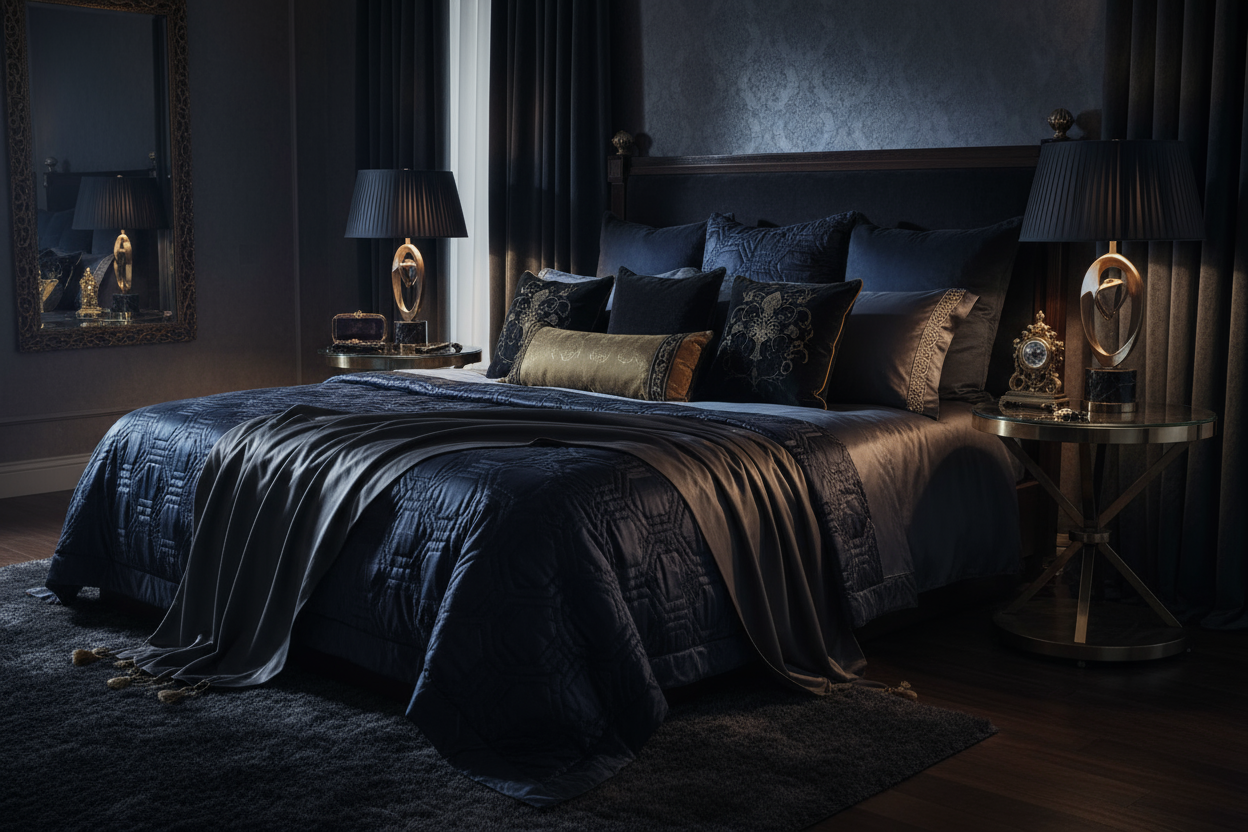 dark tones, luxury bedding and make it interesting